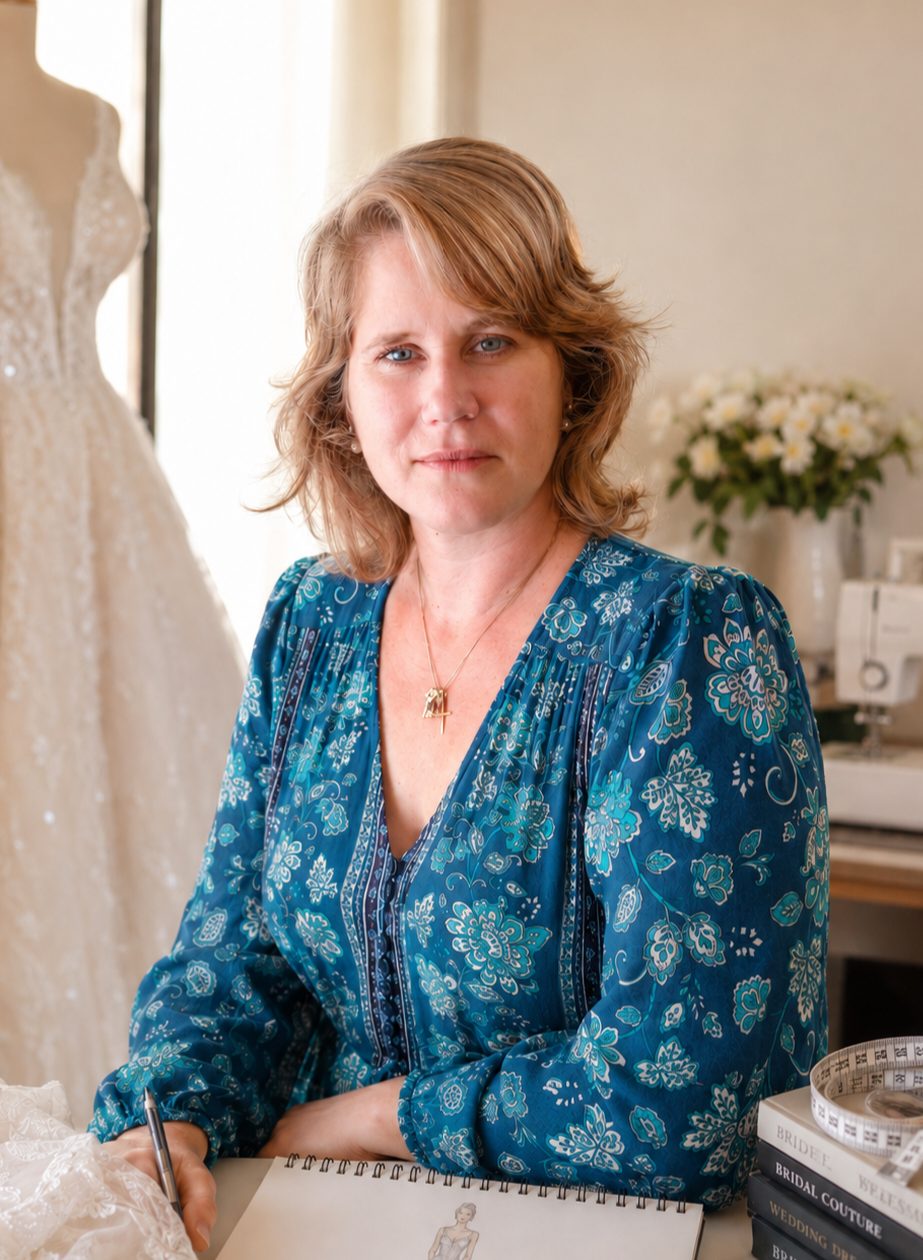Madonna Rapmund at her workbench in the Bundaberg Brides workroom, wearing a blue and teal floral blouse and sketching a gown design in a spiral pad. An ivory beaded gown hangs on a stand beside her, with a sewing machine, a vase of white flowers and a stack of bridal couture books behind.